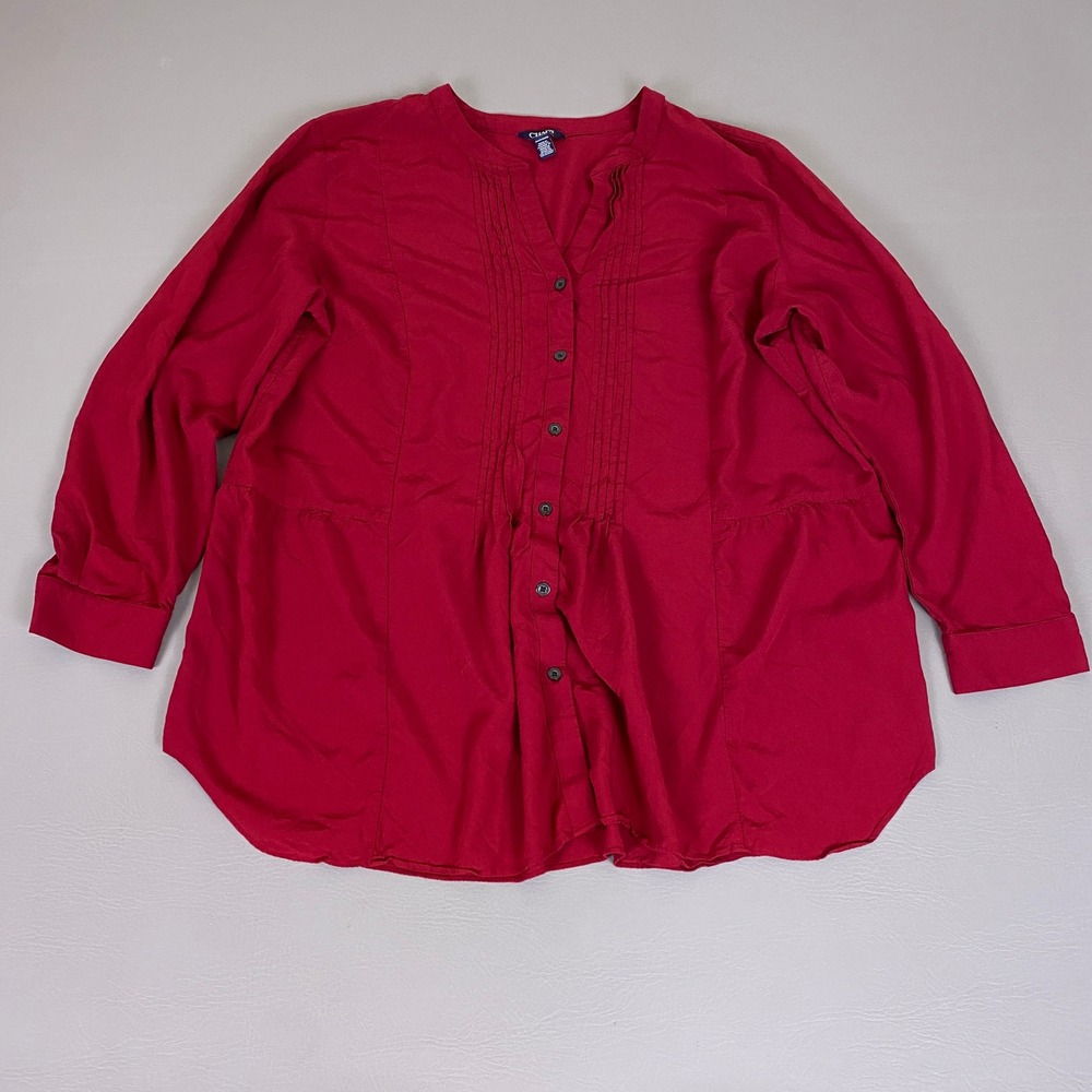 Chaps  Blouse Top Women's Button Up 2X Red Pintuck Pleated Peplum Long Sleeve